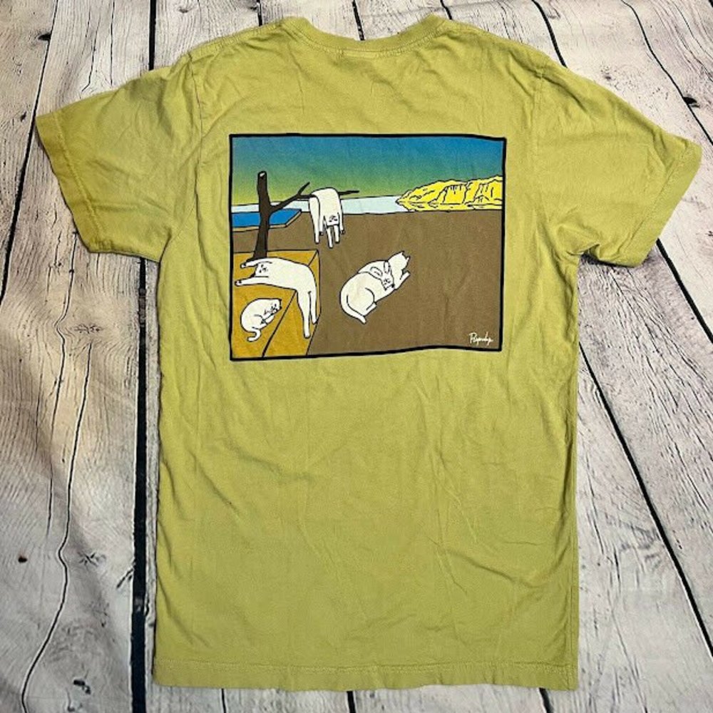 RipNDip T Shirt Size Small Military Green Dali Persistence Of Memory Tee Cats
